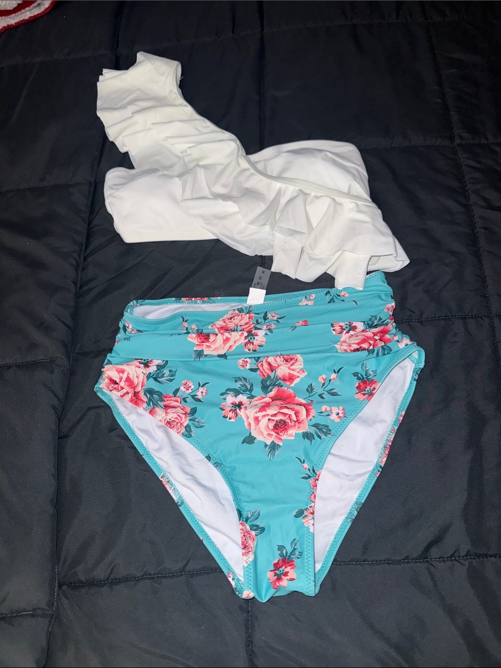 White Ruffle One-Shoulder Top & Teal Floral High-Waist Bikini Bottoms